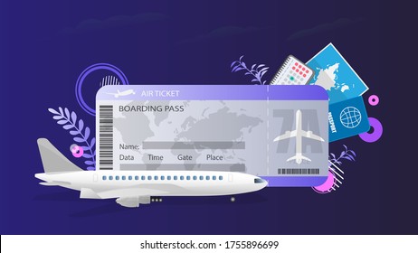 Banner on the theme of air travel. Air ticket, airplane, calendar, passport and map. Composition on the theme of travel and purchase of airline tickets. Vector.