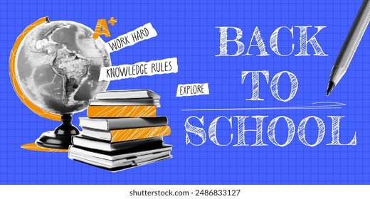 A banner on the theme of back to school. Trendy halftone collage, globe and books, with chalk lettering, on blue checkered background. Concept of learning, knowledge.