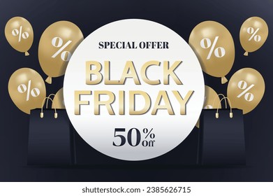 Banner zum Thema Black Friday. Schwarzer Freitag Thema in dieser Schönheitsgrafik unterstreicht das Zusammenspiel von Schwarz und Gold schafft eine Aura der Opulenz. Vektorgrafik.