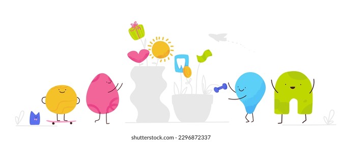 Banner on the theme of corporate bonuses and payments. Bright modern cartoon characters. A team of abstract texrured figures with joyful faces working together. Vector contemporary illustration. 