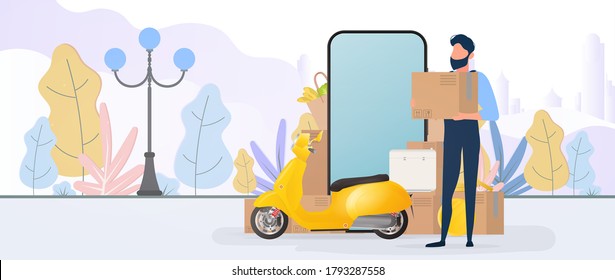 Banner on the theme of delivery. The guy is holding a box. Yellow scooter with food shelf, telephone, gold coins, cardboard boxes, paper grocery bag.