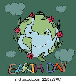 Banner on the theme of earth day. Earth in flowers and leaves in doodle style.