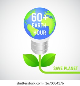 Banner zum Thema der Umweltkampagne Earth Hour. Rettung des Planeten. Der Globus in Form einer Glühbirne und Pflanzen mit Blättern auf hellem Hintergrund. Vektorillustration realistische Illustration.