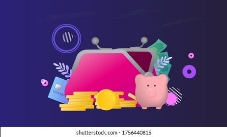 Banner on the theme of finance. Big wallet, credit card, gold coins, dollars. Concept of saving money, cashback or wealth. Vector.