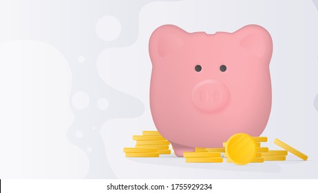 Banner on the theme of finance. Pink piggy bank in the form of a pig with gold coins. Piggy bank for money with a mountain of coins. Vector.