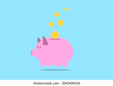 Banner on the theme of finance. Pink piggy bank in the form of a pig with gold coins. Piggy bank for money with a mountain of coins. Vector.