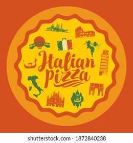 Banner on the theme of Italian cuisine and pizzeria in flat style. Decorative vector illustration in the form of pizza stuffed with icons of famous Italian sights and symbols