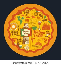 Banner on the theme of Italian cuisine and pizzeria. Vector illustration of pizza with filling in the form of famous Italian landmarks and symbols
