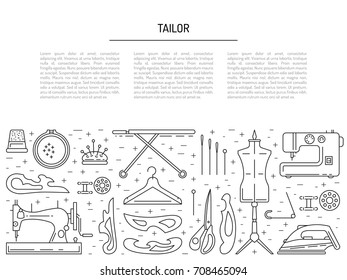 Banner on the theme of needlework and sewing with place for text. Vector linear icons of sewing equipment collected in the template