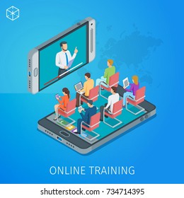 Banner on theme online training. Online webinar. People listen to the lecturer. Isometric concept. Highly detailed illustration