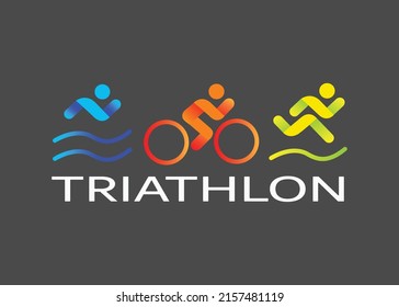 Banner on the theme of sport, triathlon. Silhouettes of athletes, swimmer, cyclist, runner, drawn on a dark gray isolated background, colored  logo