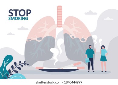 Cartel sobre el tema para dejar de fumar. Pulmones poco saludables y contaminados. Cigarros de cigarrillos que fuman hombres y mujeres. Concepto de destrucción de malos hábitos y tratamiento de la adicción a la nicotina.Ilustración vectorial plana