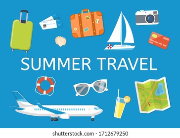 Banner on the theme of travel and leisure: luggage, tickets, plane, yacht, sunglasses, camera, lifeline, seashell. Vector illustration flat style. Objects on a blue background, view from the top.