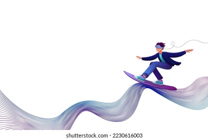 Banner on the theme of virtual reality. The guy in vr glasses swims on a surfboard in cyberspace. Meta Universe and Digital Innovation. Vector cartoon illustration isolated on white background. 