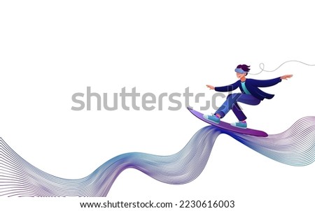 Banner on the theme of virtual reality. The guy in vr glasses swims on a surfboard in cyberspace. Meta Universe and Digital Innovation. Vector cartoon illustration isolated on white background. 