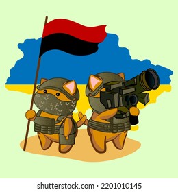 Banner on the theme of the war in Ukraine with cartoon defenders of war cats in anime style