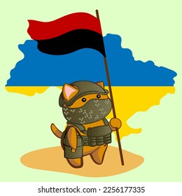 Banner on the theme of the war in Ukraine with cartoon defenders of war cats in anime style