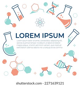 Cartel sobre el tema de la química con frascos, tubos de ensayo, moléculas. Ilustración plana del vector