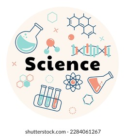 Cartel sobre el tema de la química con frascos, tubos de ensayo, moléculas. Ilustración plana del vector