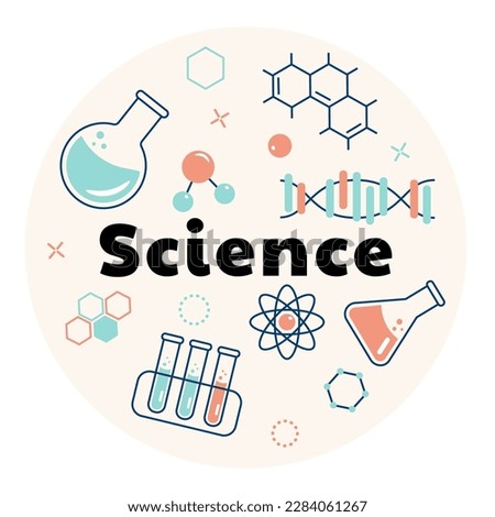 Banner on the topic of chemistry with flasks, test tubes, molecules. Vector flat illustration