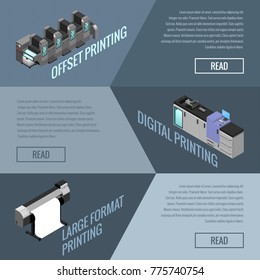 banner on the topic of offset and digital printing of images, isometric image