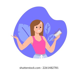 Banner on topic of problem of baldness and hair loss in women, flat vector illustration isolated on white background. Distressed woman holds a tuft of fallen hair.