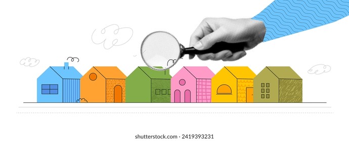 A banner on the topic of renting and buying real estate. Popart collage for realtor. Vector trendy illustration with houses and a hand holding a magnifying glass. 