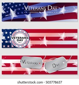 Banner on Veterans Day. Vector background on Veterans Day. Banner on Veterans Day on the background of the US flag. Set of vector banners on Veterans Day