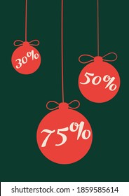 Banner on winter sales in shop. The new year decorations. Red Christmas balls on ribbons with discounts.  