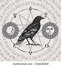 Banner on the witchcraft theme with wise black Crow in vintage style. Vector illustration with sorcery Raven on background of star, sun, moon and scribbles written in a circle, imitating magic symbols