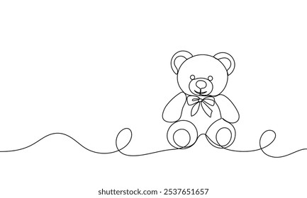 Anuncio de una línea continua de dibujo de oso de peluche. Juguete suave en estilo lineal simple. Concepto para regalo de cumpleaños. Ilustración vectorial dibujada a mano