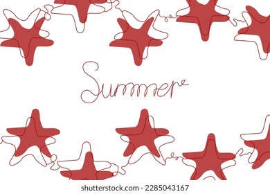 Banner with One line drawing Starfish. Summer script font and sea star isolated on white background. Summer flat vector illustration. 