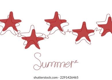 Banner with One line drawing Starfish. Summer script font and sea star isolated on white background. Summer flat vector illustration. 