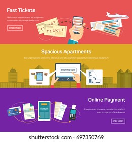 Banner for online apartment bookings or reservation, buy flight or plane tickets and internet payment via mobile phone or smartphone, using credit card. Banking and payment, travel and tourism theme