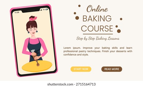 Un Anuncio para clases de cocina y horneado en línea. Un smartphone con la Imagen de un panadero haciendo cupcakes. Una mujer con una bolsita. Preparando postres.