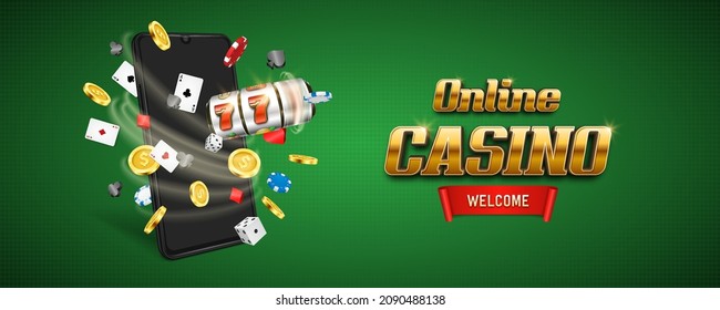 Banner Online Casino with playing cards, chips, dice, slot machine and smartphone. Vector illustration.