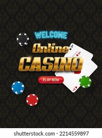 Banner Online Casino with playing cards and chips. Vector illustration.