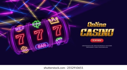 Banner Casino Online com máquina de fenda. Ilustração vetorial.