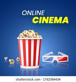 Banner for online cinema. Popcorn and 3d glasses. Vector illustration.