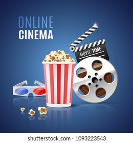 Banner for online cinema with popcorn, filmstrip and 3d glasses. Vector illustration.