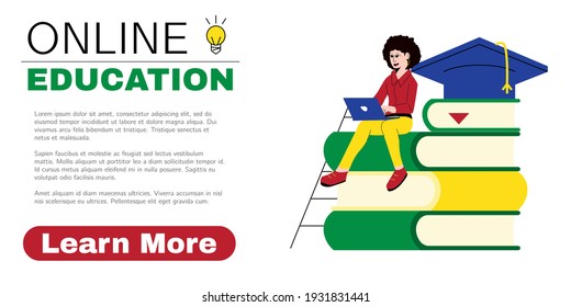 Banner for online education ad. Woman taking online courses via laptop. Virtual graduation, webinar, distance learning concepts. Advertisement for web or social media. Vector illustration