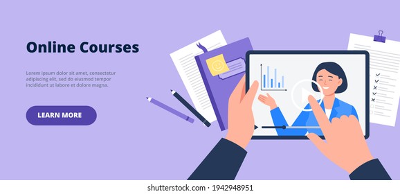 A banner for online education. Using a digital tablet for distance learning. Vector flat illustration.