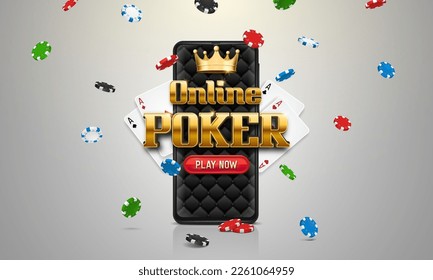 Banner Online Poker with chips and smartphone. Vector illustration.