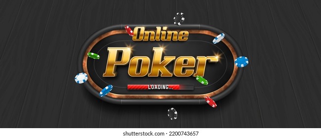 Banner Online Poker con mesa y fichas. Ilustración vectorial.