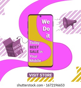Banner for online sales. Wavy background, cut paper, geometric oblique lines, smartphone, open box, megaphone with appeal, realistic painted objects Use for online store, ad in social networks.