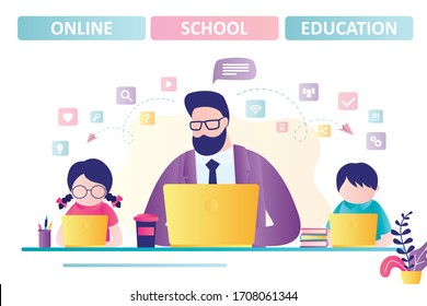 Banner of online school education. Children stay home and engaged on computer. Male teacher or tutor distance learning kids. Girl and boy watching online lesson. Quarantine time. Vector illustration