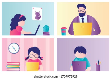 Banner of online school education. Children stay home and engaged on computer. Male teacher or tutor distance learning kids. Girl and boy watching online lesson. Quarantine time. Vector illustration