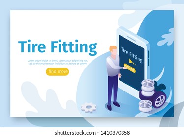 Banner for Online Searching Tire Fitting Service. Isometric Template with Man Looking for Best Offer from Automobile Maintenance Shop Using Mobile Application. Vector 3d Gradient Illustration