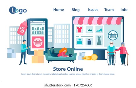 Banner Online Shop Concept Vector illustration People shop online with a clothing store, perfume and grocery store using web applications.