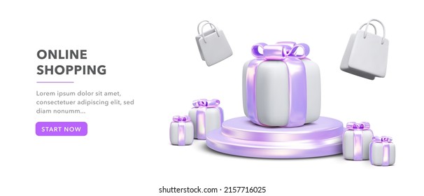 Banner online shopping with 3d realistic gift on platform and flying shopping bags isolated on white background. Vector illustration